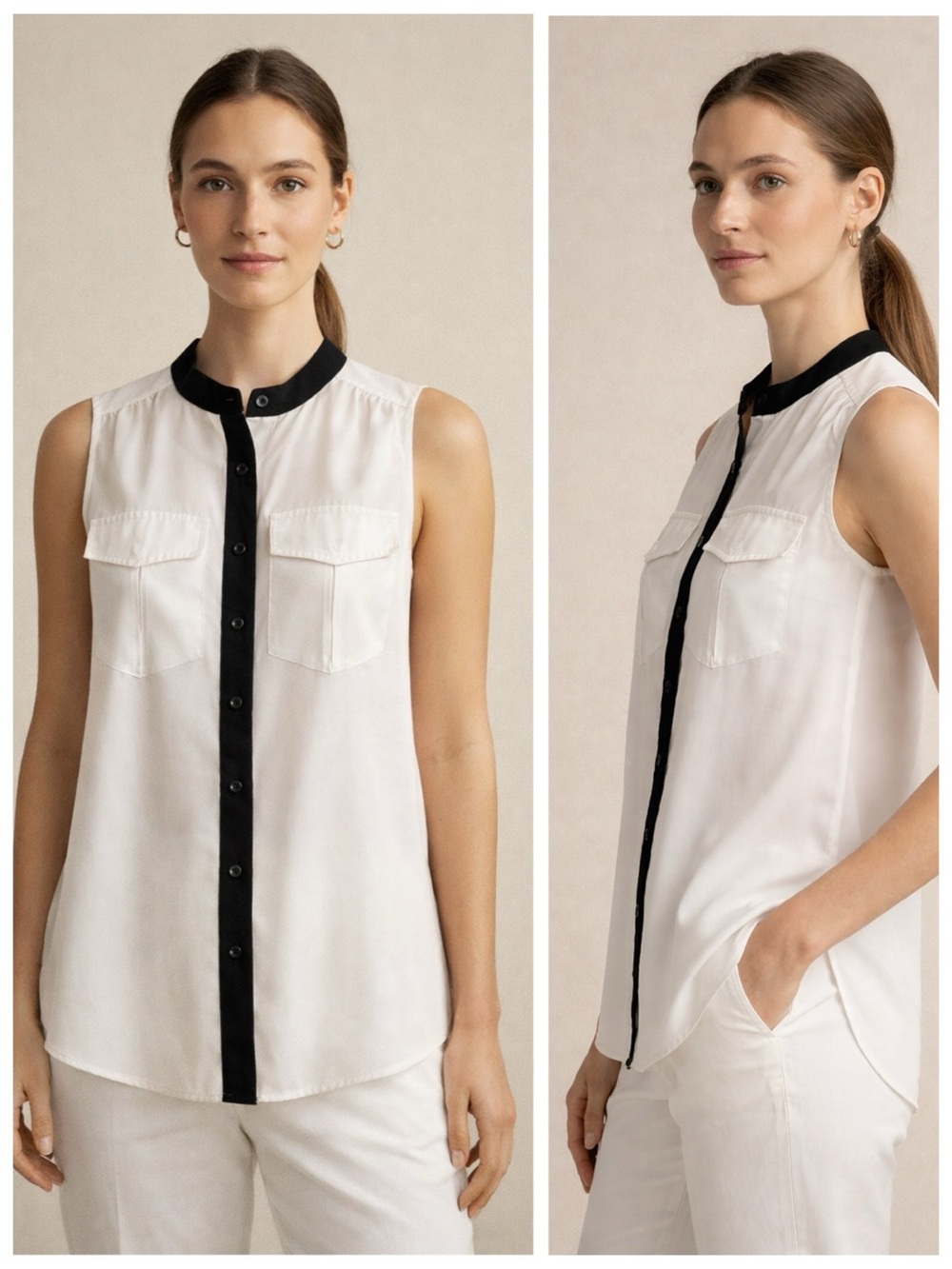 J.Crew Ivory Sleeveless Blouse Black Trim Button Front Top Pockets Workwear Chic